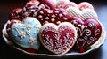 Artisan heart-shaped iced cookies on elegant platter. Generative AI