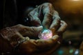 Artisan Holding Luminous Opalescent Gemstone in Darkened Jeweler's Workshop Royalty Free Stock Photo