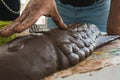 Artisan making a clay figure of a fish, his hands are distinguished creating details such as his scales