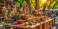 Artisan market display of woven baskets, textiles, and crafts. Generative AI Royalty Free Stock Photo