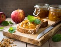 Artisan Multigrain Toast with Chunky Apple Preserve and Fresh Mint on a Carved Wooden Board