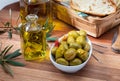 Artisan olives canned in extra virgin olive oil. Royalty Free Stock Photo