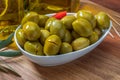 Artisan olives canned in extra virgin olive oil. Royalty Free Stock Photo