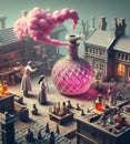 artisan perfume elixir potion maker pharmacist preparing product in medieval steampunk laboratory