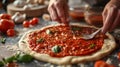 Artisan Pizza Preparation with Tomato Sauce and Basil. Artisanal pizza in the making, with hands spreading tomato sauce and fresh