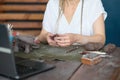 artisan pottery tutor in art studio. woman ceramist teaches an online lesson or leads a video master class on creating