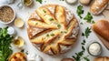 Artisan Round Bread with Herbs and Ingredients on White Background Royalty Free Stock Photo