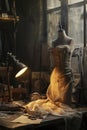 Artisans haven Evocative view of a tailors workshop bathed in golden light at sunset Royalty Free Stock Photo