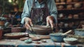 Artisan shaping clay on pottery wheel in workshop Royalty Free Stock Photo