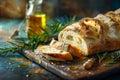 Artisan Sliced Bread on Wooden Board with Olive Oil and Rosemary Sprigs, Cozy Rustic Kitchen Atmosphere