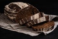 Artisan sliced rye bread. Closeup of slices of freshly baked sourdough bread on dark background. Selective focus Royalty Free Stock Photo