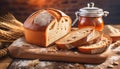 Artisan sourdough loaf, sliced on wooden board, rustic setting