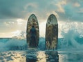 Artisan surfboard maker, athletic surfers testing hand-crafted boards in a visually stunning, theatrical ocean setting