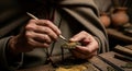 Crafting Etruscan granulation through precise placement of gold granules on a bronze base in ancient workshop Royalty Free Stock Photo