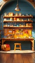 Artisan workshop with tools and materials efficiently organized, highlighting the craft process and effective space use, detailed