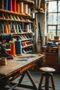 Artisan workspace with threads, spools, and sewing machine in cozy, cluttered studio Royalty Free Stock Photo
