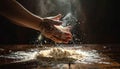 Artisanal Baker Creates a Flour Cloud in Motion Royalty Free Stock Photo