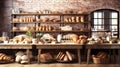 Artisanal bakery showcasing freshly baked bread and pastries on Rustic wooden shelves displaying variety of baked goods