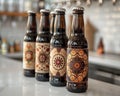 Artisanal beer bottles with custom labels arranged neatly on a white countertop, with a focus on the detailed artwork and