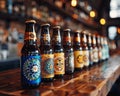 Artisanal beer bottles with detailed labels arranged on a wooden bar in a cozy pub setting