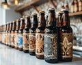 Artisanal beer bottles featuring intricate labels arranged neatly on a bar counter