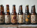 Artisanal beer bottles with floral labels arranged neatly in a row on a rustic table