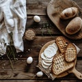 Artisanal bread, cheese slices, and grains on a rustic wooden table, arranged for a wholesome breakfast. homemade and