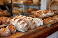 artisanal bread display on a wooden counter