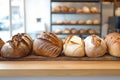 artisanal bread display on a wooden counter