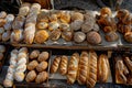 Artisanal bread variety, fresh bakery goods display. Crusty loaves, seeded rolls Royalty Free Stock Photo