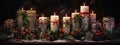 Artisanal candles decorated with holly leaves, berries and snowflakes clustered together with coordinating gift tags and ribbons.