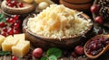 Artisanal Cheese Cubes and Grated on Wooden Board Royalty Free Stock Photo