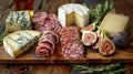 Artisanal cheese and salami platter with figs. Royalty Free Stock Photo