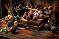 artisanal chocolate truffles arranged on rustic wooden table