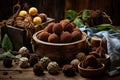 artisanal chocolate truffles arranged on rustic wooden table