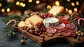 Artisanal Christmas cheeseboard with cheese, meats, nuts, and berries Royalty Free Stock Photo