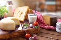 Artisanal dairy products in rustic kitchen elevated view