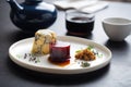 artisanal food presentation on white plate with black tea cup and teabag