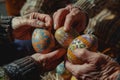 Artisanal hand-painted Easter eggs held by elderly hands showing traditional designs