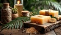 Artisanal honey-colored soap bars on rustic wood, accompanied by bath salts and natural accessories, evoking a spa-like atmosphere