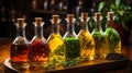 Artisanal Infused Oils in Glass Bottles on Wooden Table.Generative AI Royalty Free Stock Photo