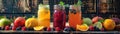 Artisanal juice bar scene vibrant juices in mason jars Royalty Free Stock Photo