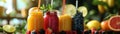 Artisanal juice bar scene vibrant juices in mason jars Royalty Free Stock Photo