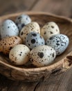 Artisanal speckled quail eggs in artisan wooden bowl, organic food concept on a textured wood backdrop. Royalty Free Stock Photo