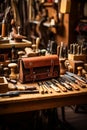 Artisans Delight: Meticulously Arranged Leather-Crafting Tools on a Rustic Workbench