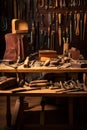 Artisans Delight: Meticulously Arranged Leather-Crafting Tools on a Rustic Workbench