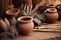 artisans tools scattered around an unfinished clay pot