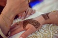 Artist applying henna tattoo on women hands. Royalty Free Stock Photo