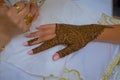 Artist applying henna tattoo on women hands. Mehndi is traditional moroccan decorative art. Royalty Free Stock Photo