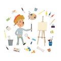 Artist Boy drawing and painting picture with art tools, and easel on white background. Children art and design school concept. Royalty Free Stock Photo